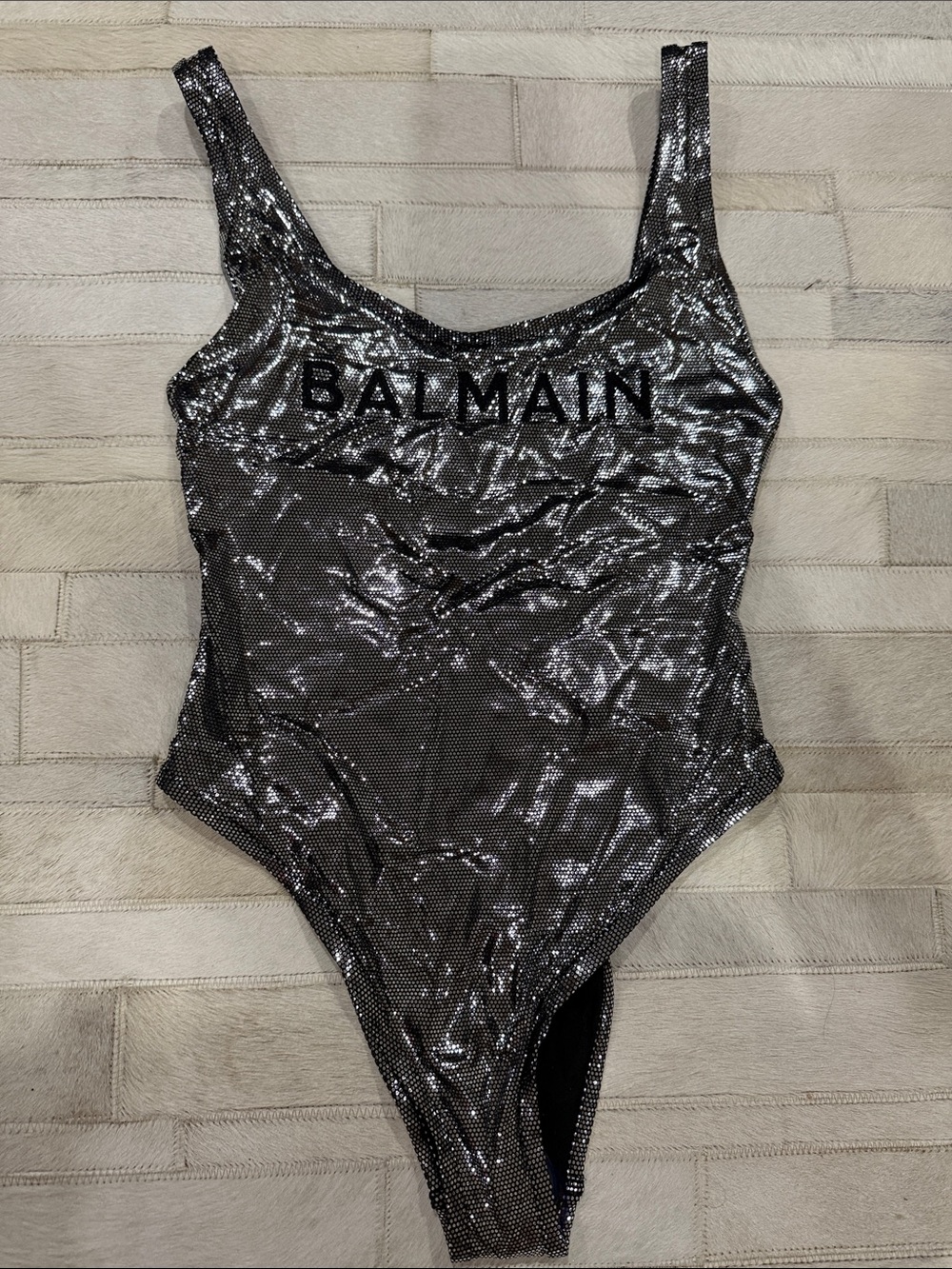 Balmain Metallic Black Silver Logo One-Piece Swimsuit